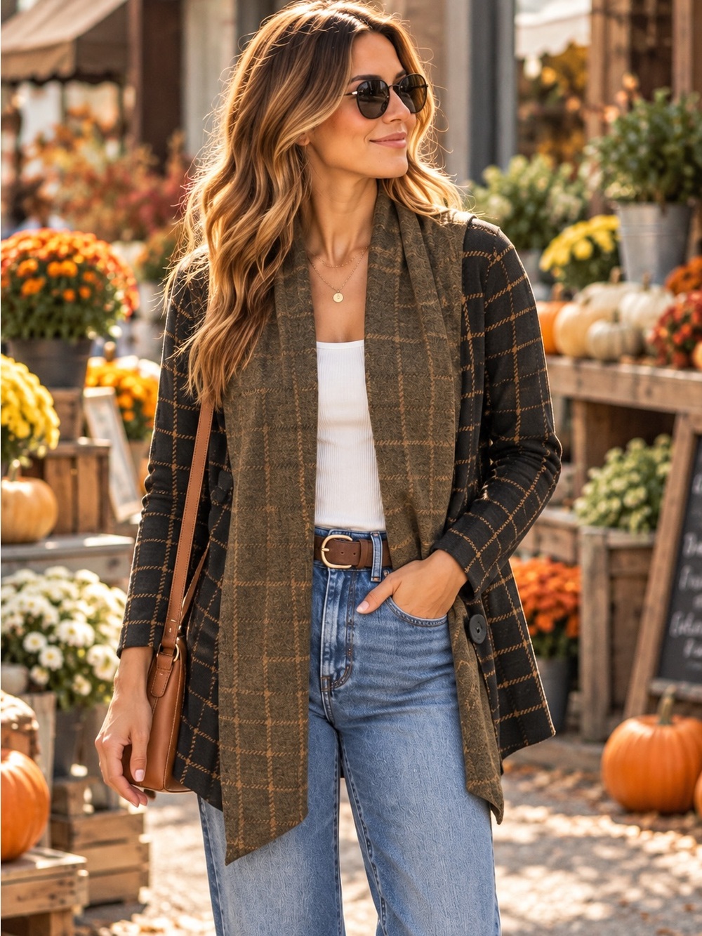 Anthropologie Sanctuary Plaid Open Front Cardigan Sweater Brown Black